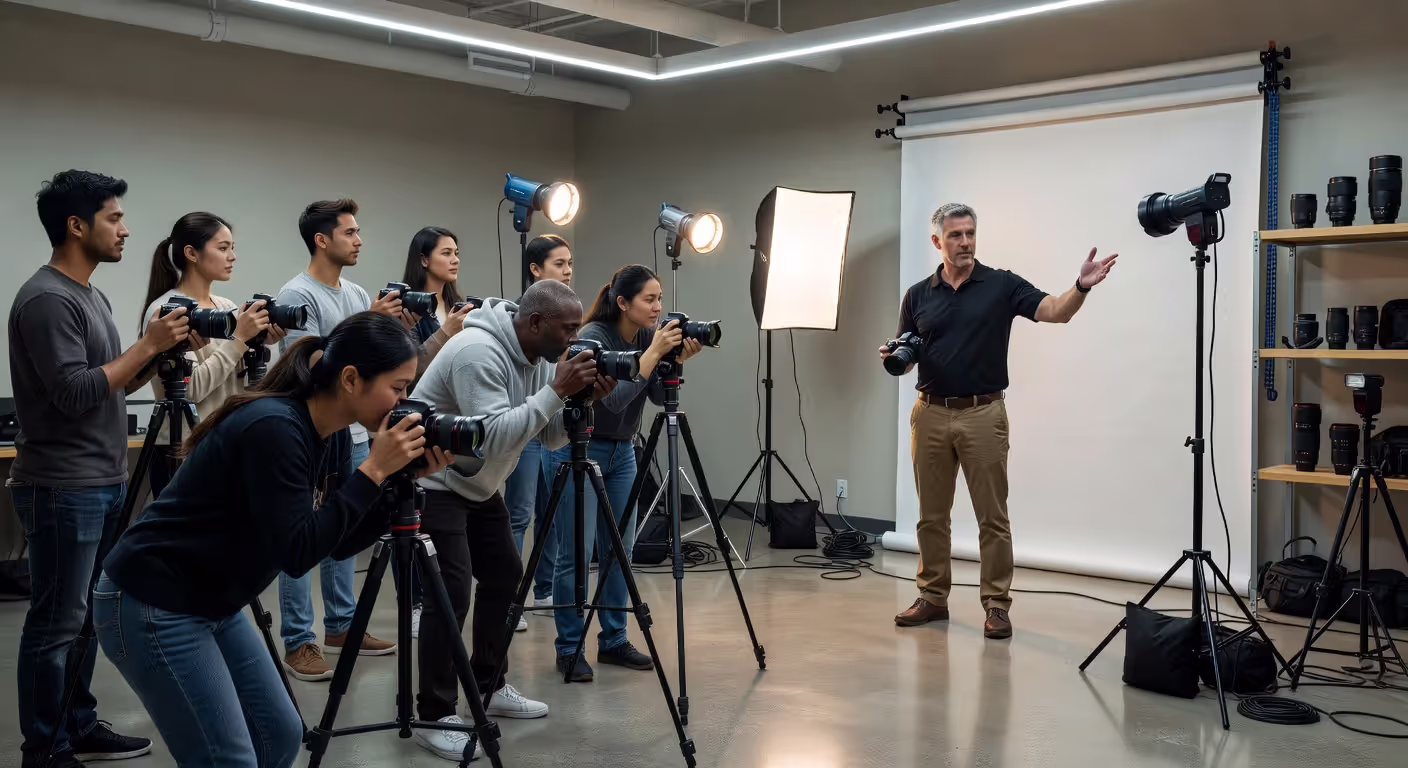 Photography class instruction with professional equipment