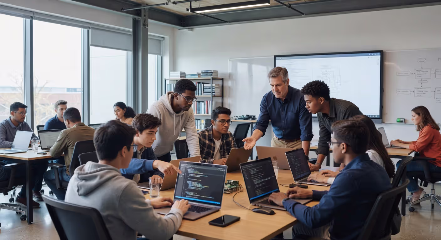 Students learning to code in a bootcamp classroom environment