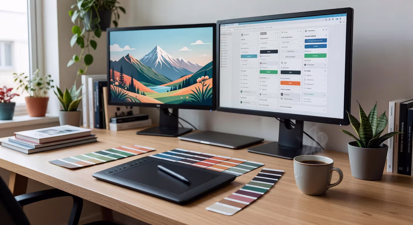 Professional graphic designer workstation setup