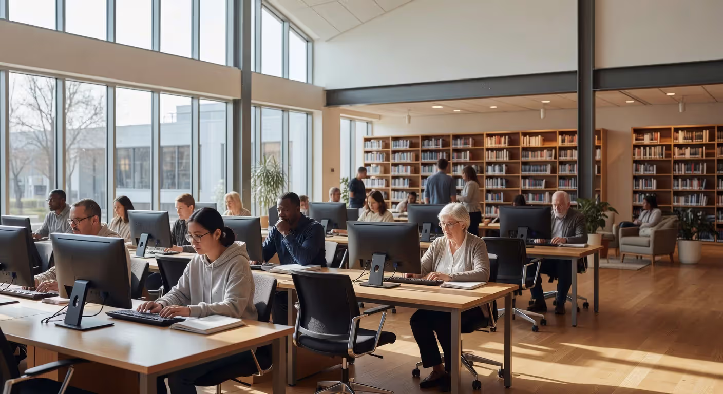 Adults using free GED resources at public library