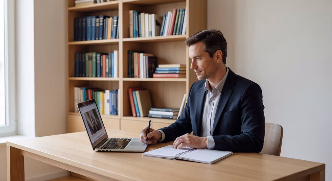 Professional taking online continuing education course at home office