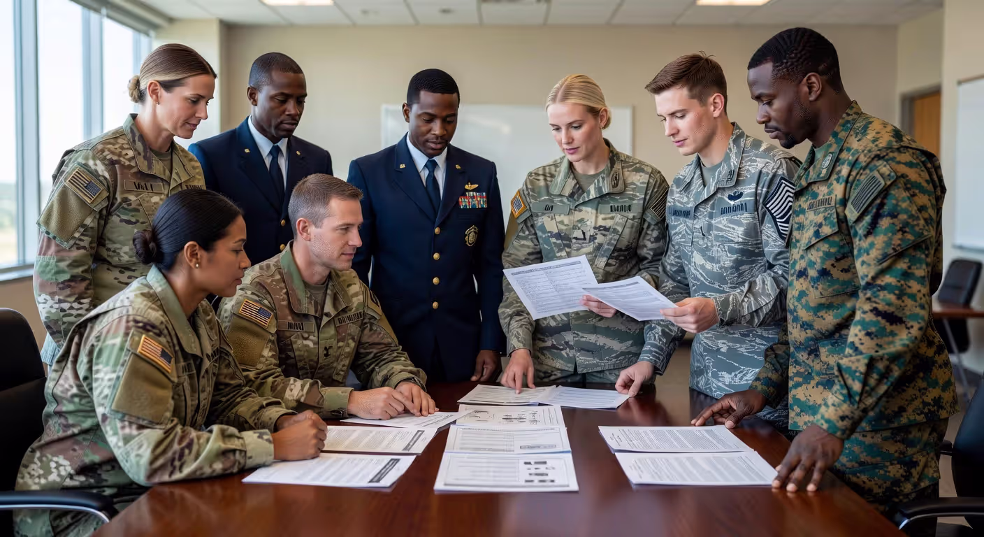 Military service members reviewing education benefits documentation