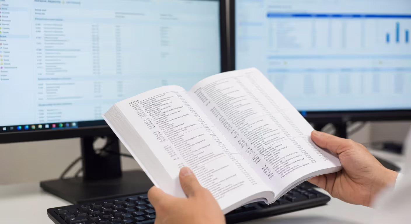 Medical coder referencing ICD-10 coding manual while working
