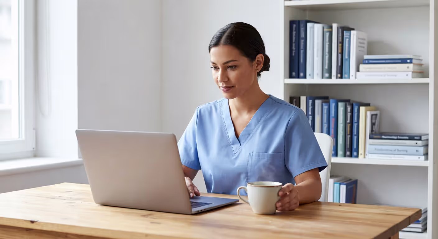 Nurse completing continuing education courses online at home