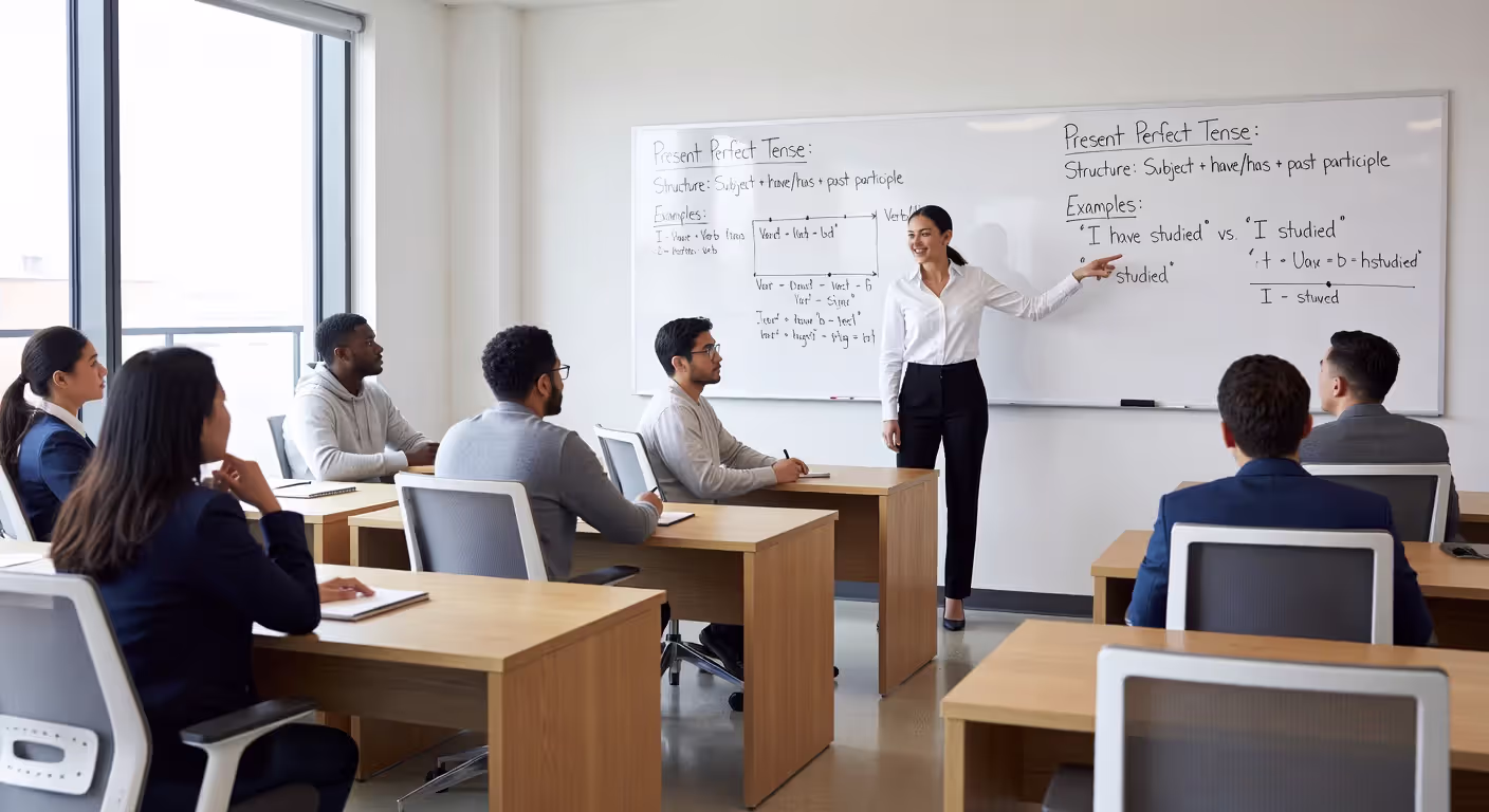 Adult ESL classroom with instructor and diverse students