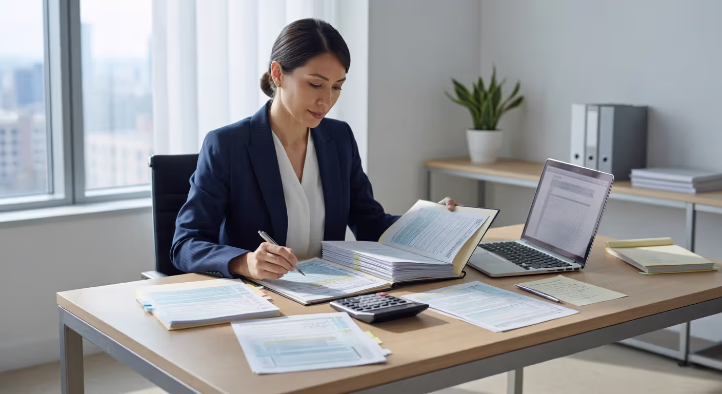 Tax professional studying course materials at desk