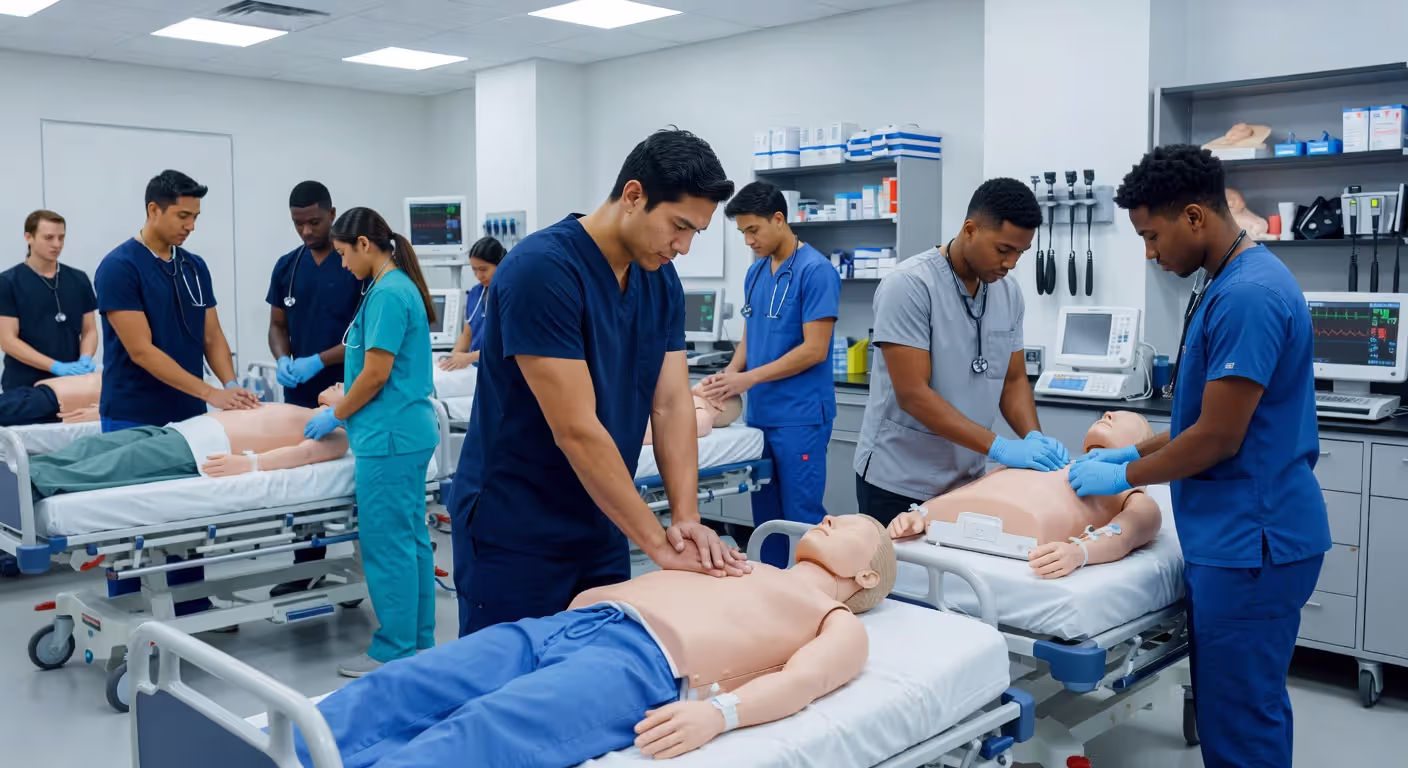 Healthcare students practicing clinical skills in vocational training lab