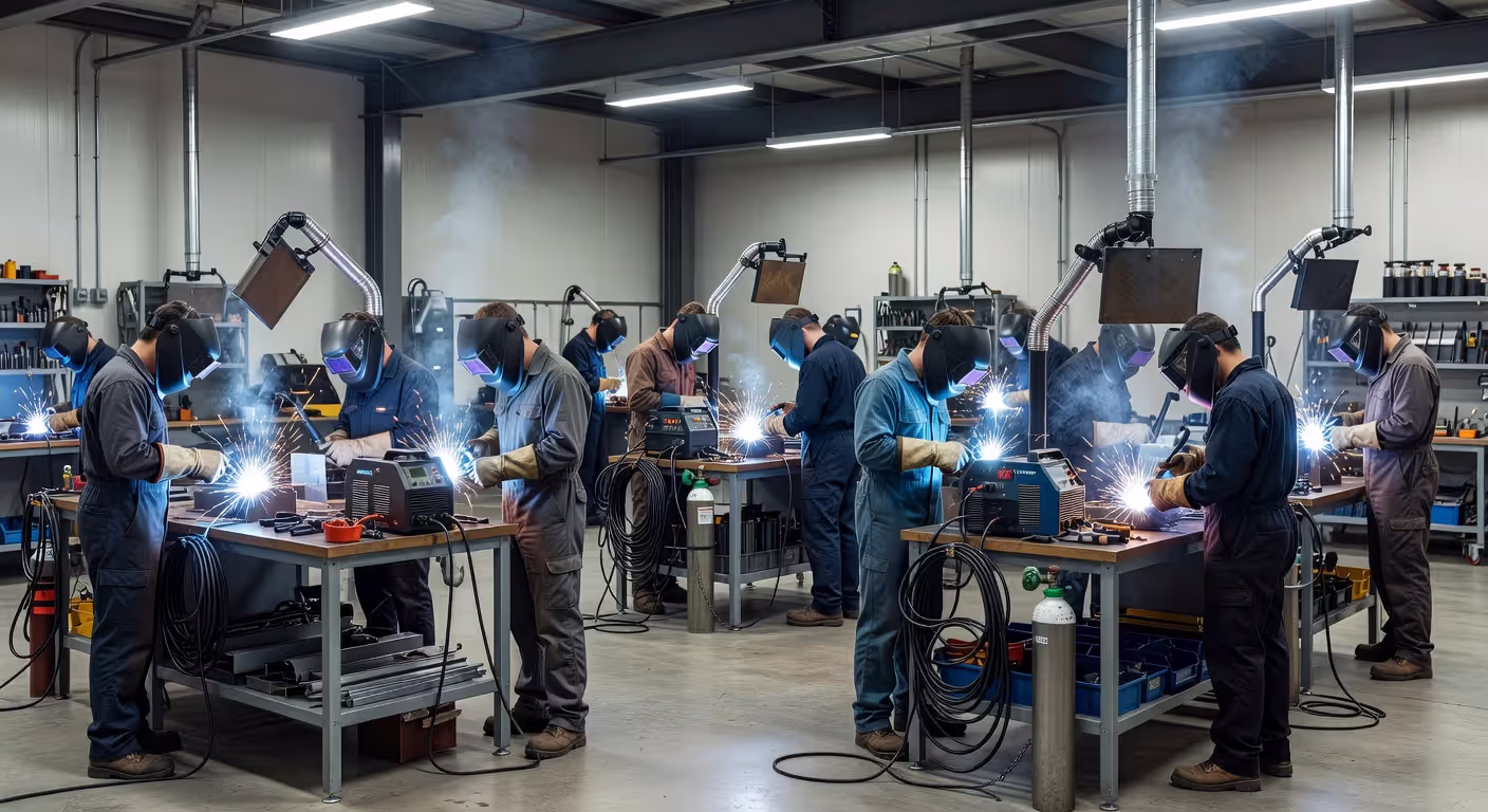 Students training with professional welding equipment in vocational workshop
