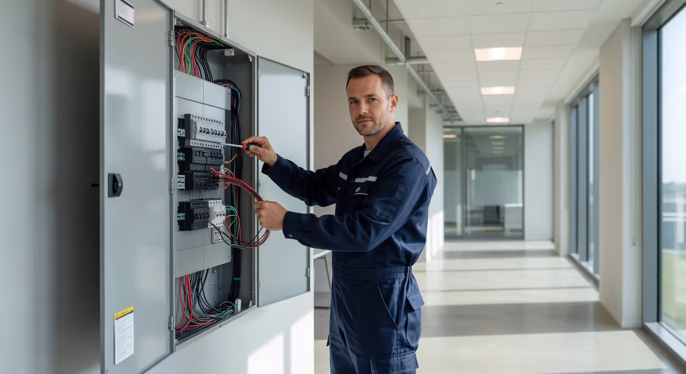 Professional electrician working on commercial electrical installation