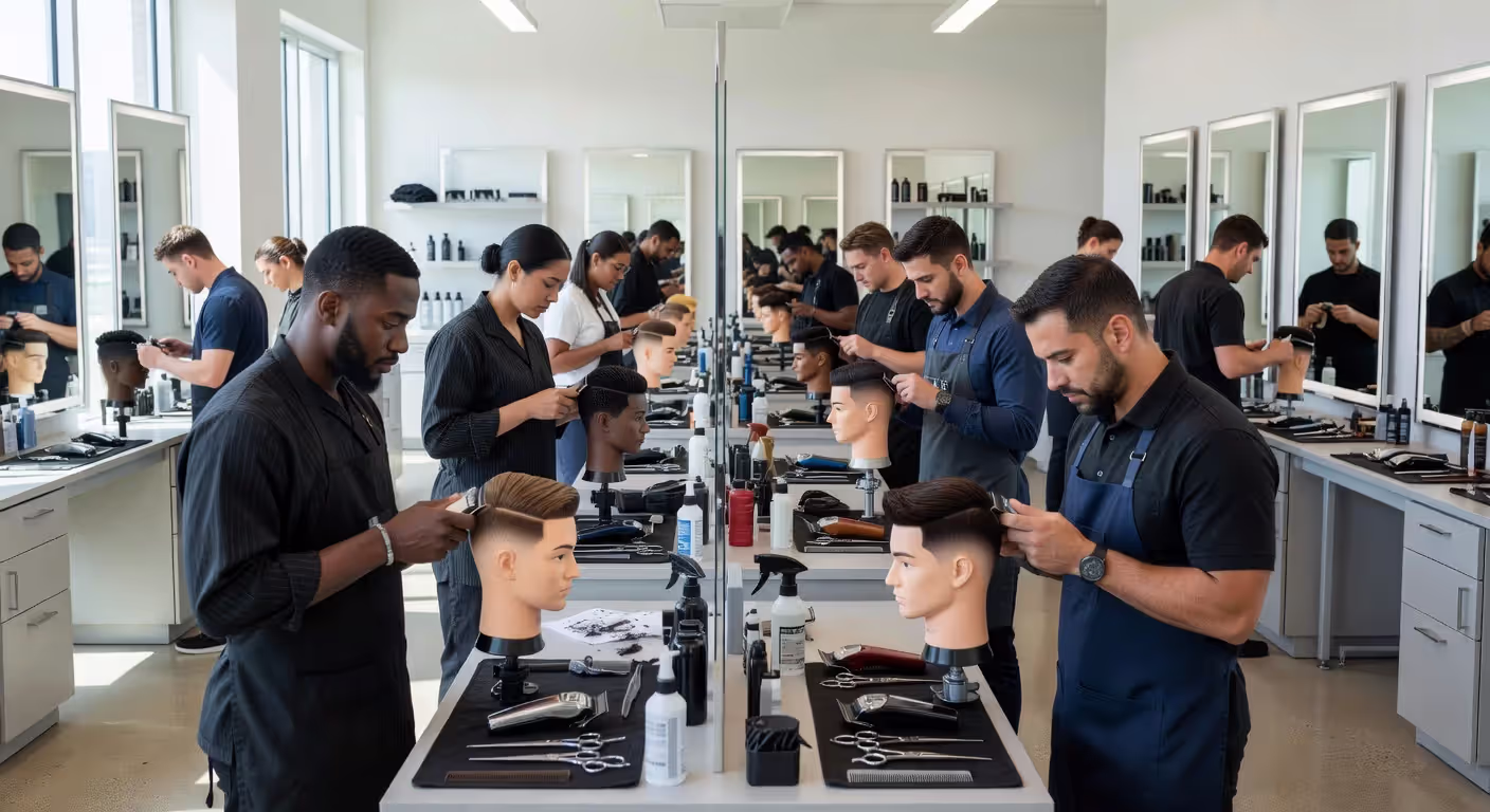 Students practicing barbering techniques in a training facility