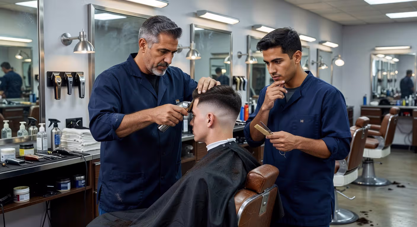 Instructor teaching advanced barbering technique to student