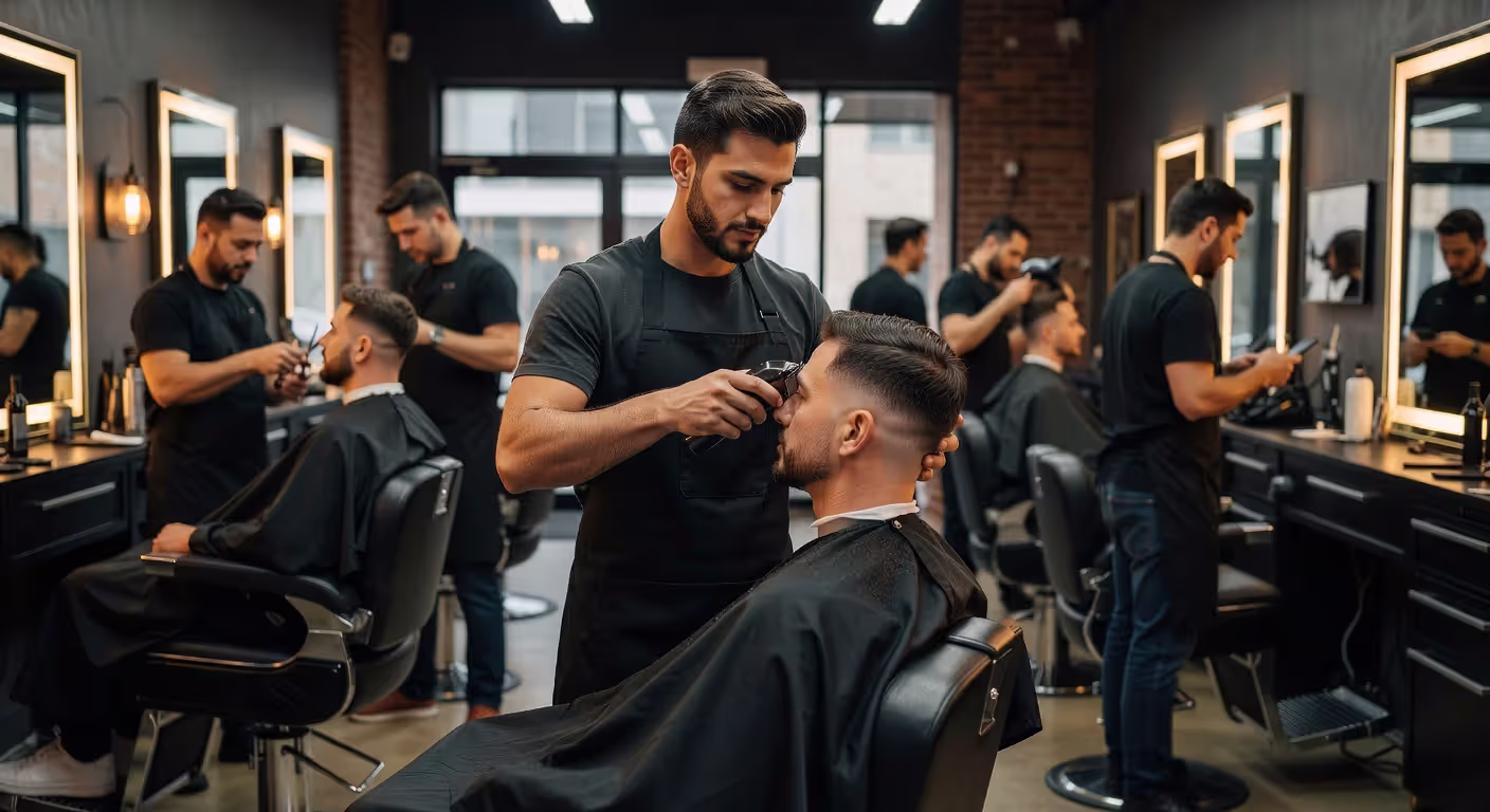 Licensed barber working with client in professional barbershop
