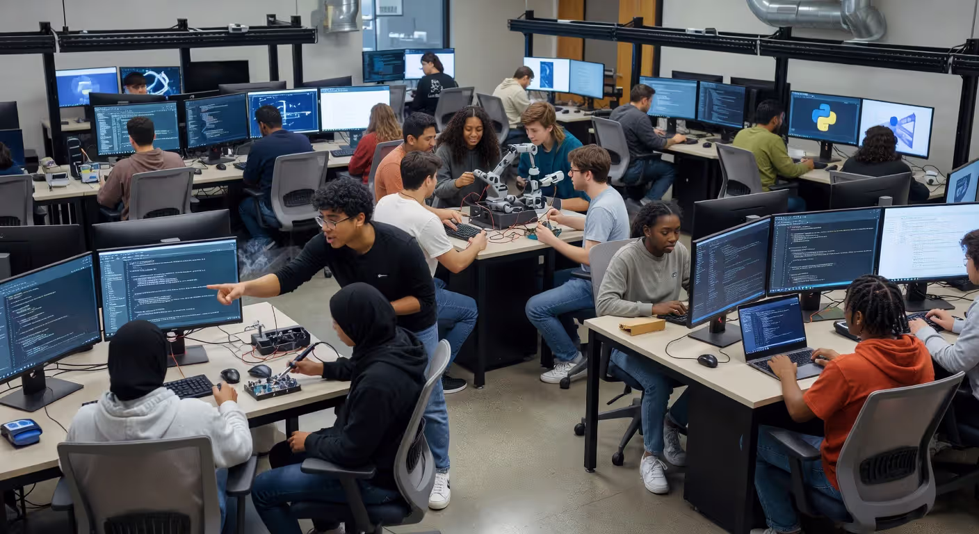 Students working together in community college computer lab during technical training