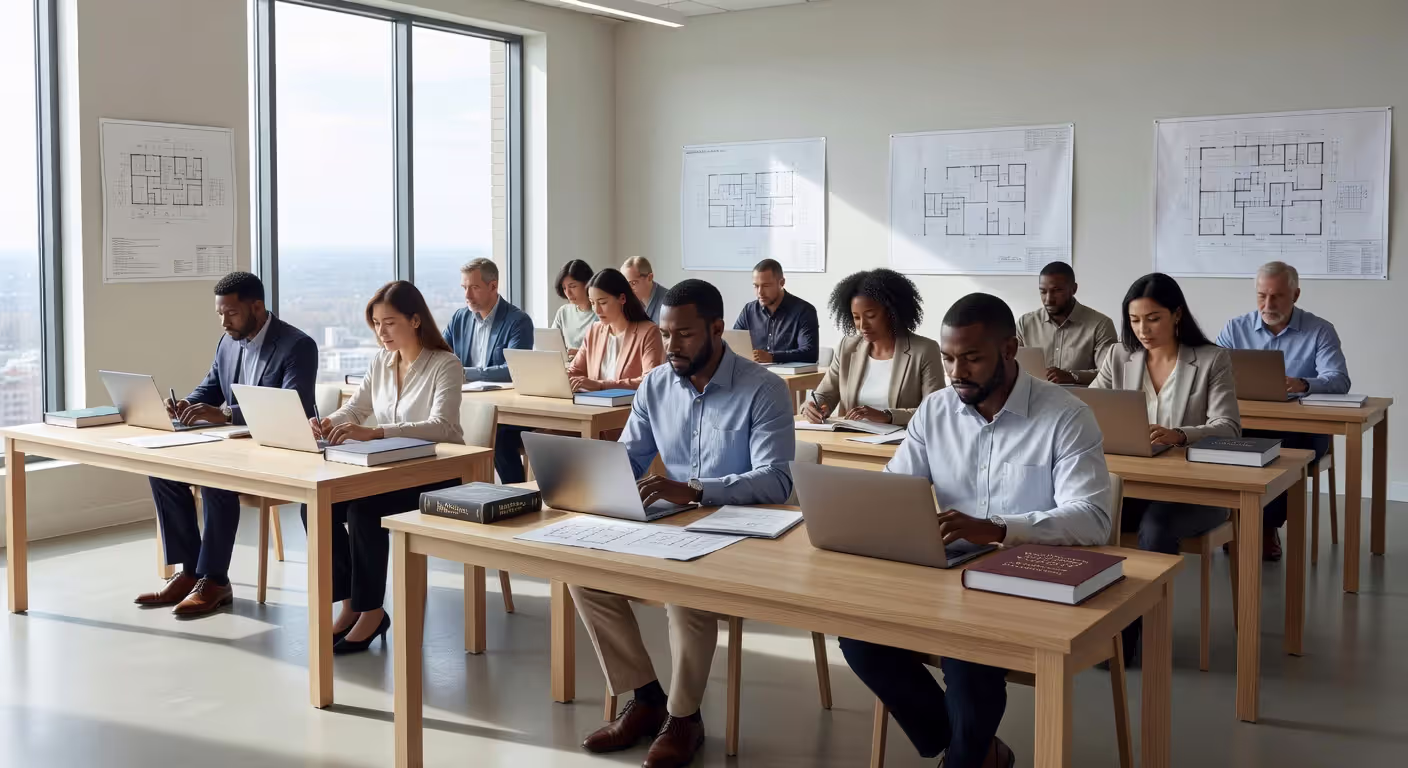 Adult students in real estate classroom learning environment
