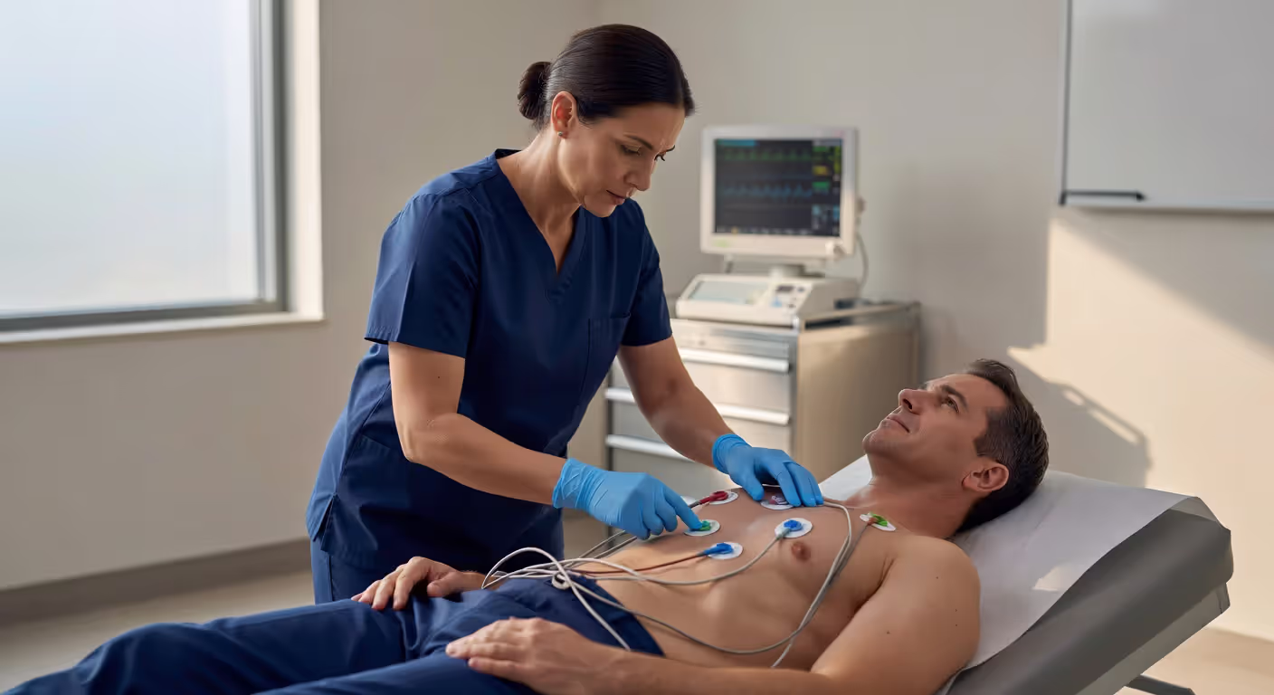 EKG technician performing electrode placement on patient