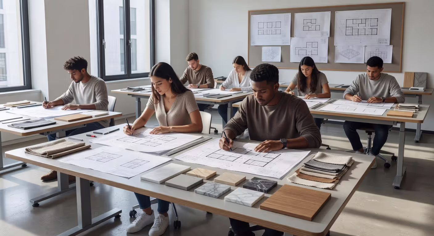 Interior design students working in a classroom environment