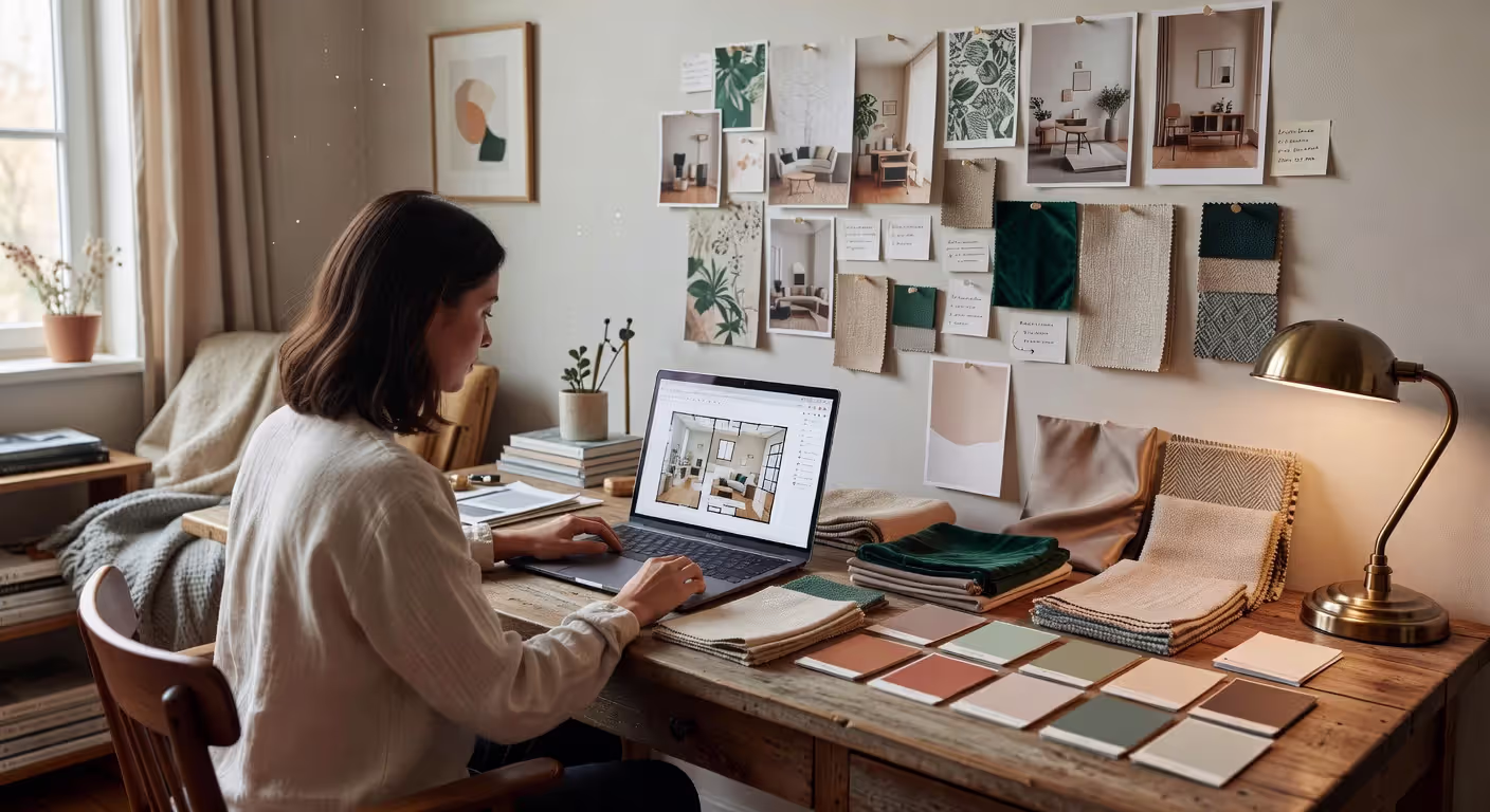 Student completing online interior design coursework at home