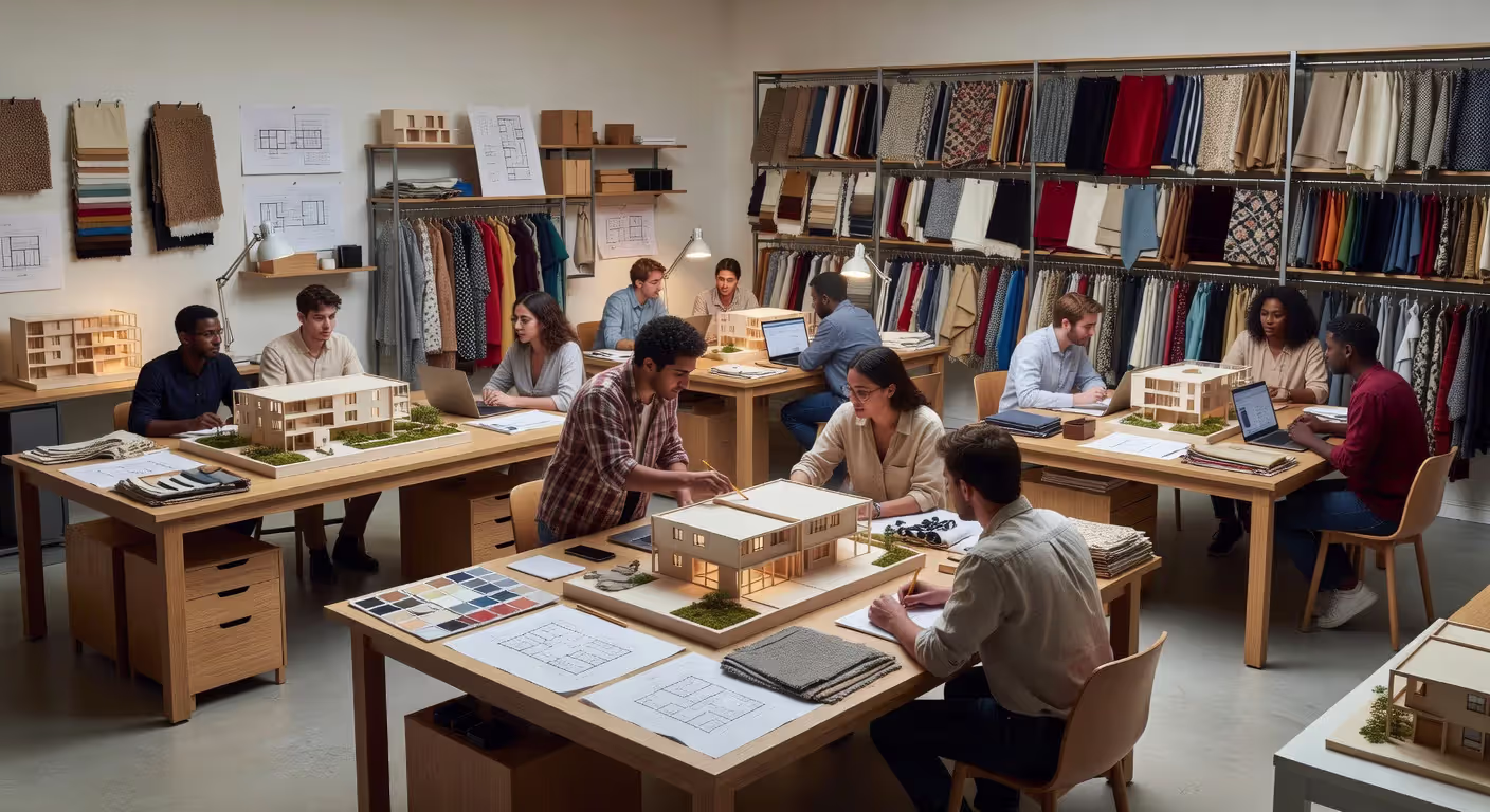 Interior design institute studio with students collaborating