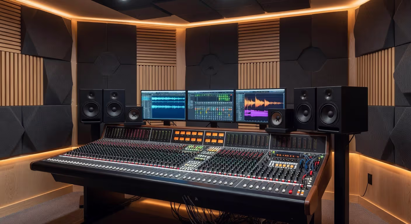 Professional recording studio control room with mixing console and monitors