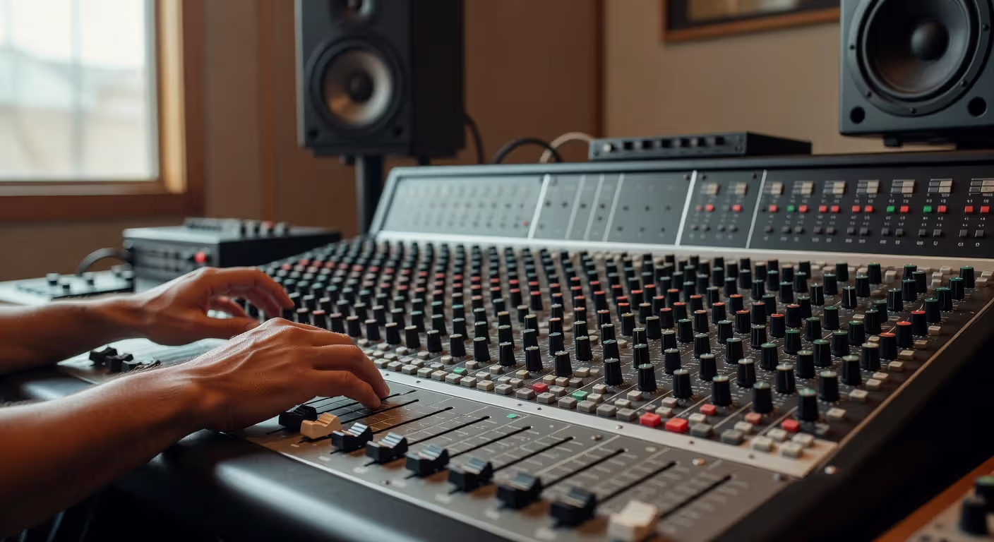Audio engineer adjusting mixing console faders during recording session
