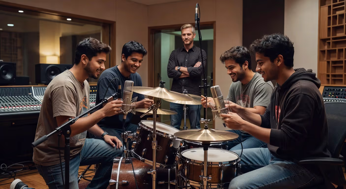 Audio engineering students setting up microphones during recording class