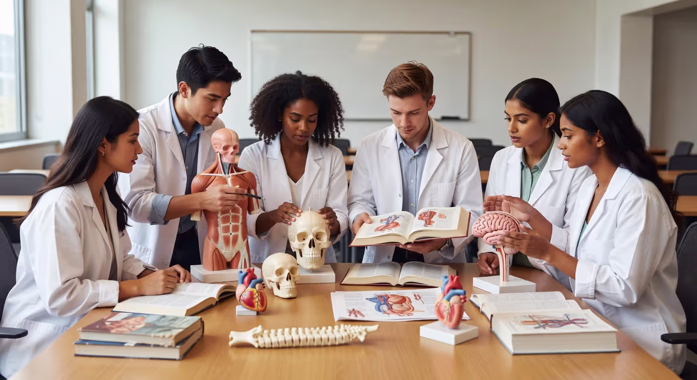 Occupational therapy students studying anatomy and clinical skills