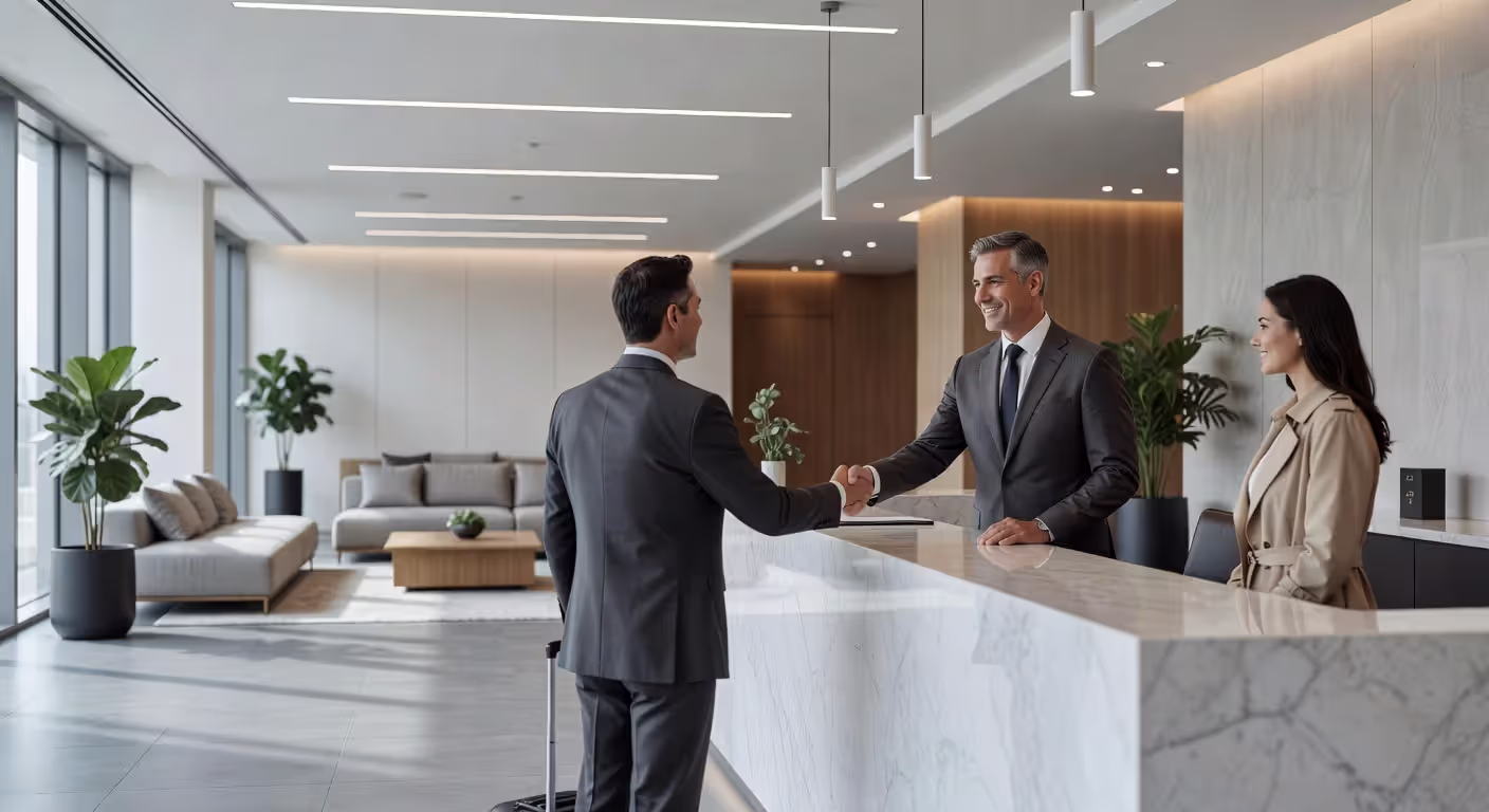 Hotel manager welcoming guests in modern lobby