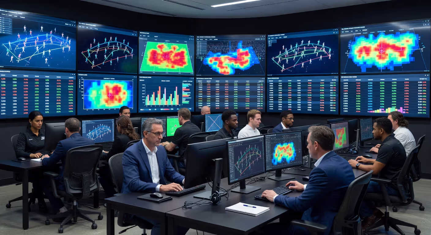 Sports analytics operations center with data visualization screens