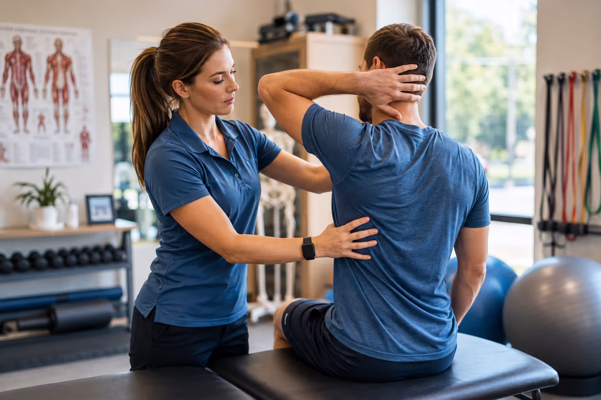 Physical Therapist Guiding a Patient Through Neck and Upper Back Rehabilitation Exercises
