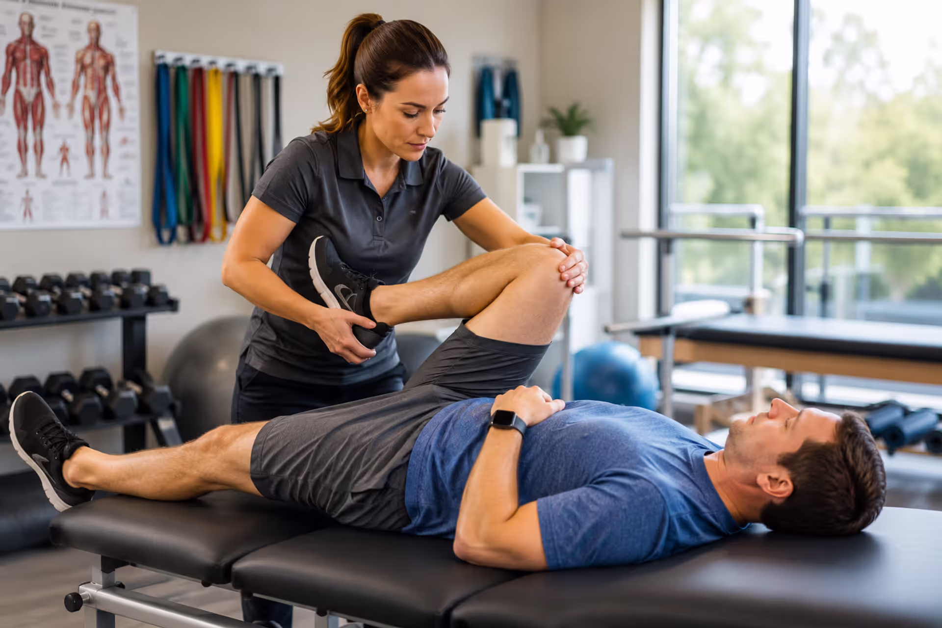Physical Therapist Assisting a Patient with Lower Body Mobility and Rehabilitation Exercises