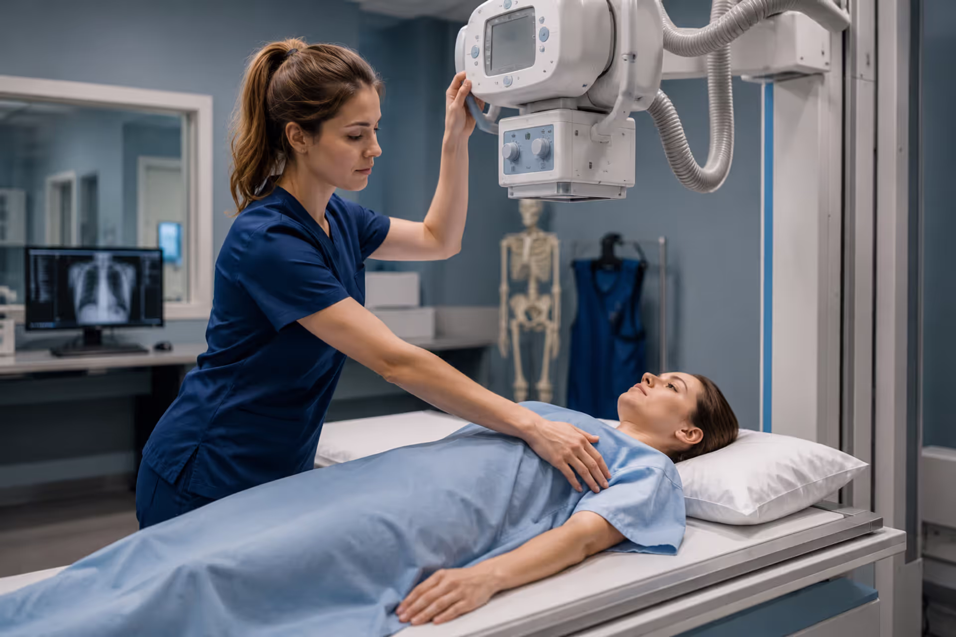 Radiologic Technologist Performing a Diagnostic X-Ray Examination in a Modern Medical Imaging Room