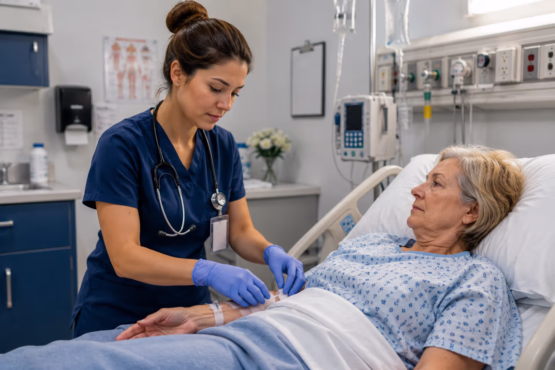 Licensed Practical Nurse Providing Compassionate Bedside Patient Care in a Modern Healthcare Setting