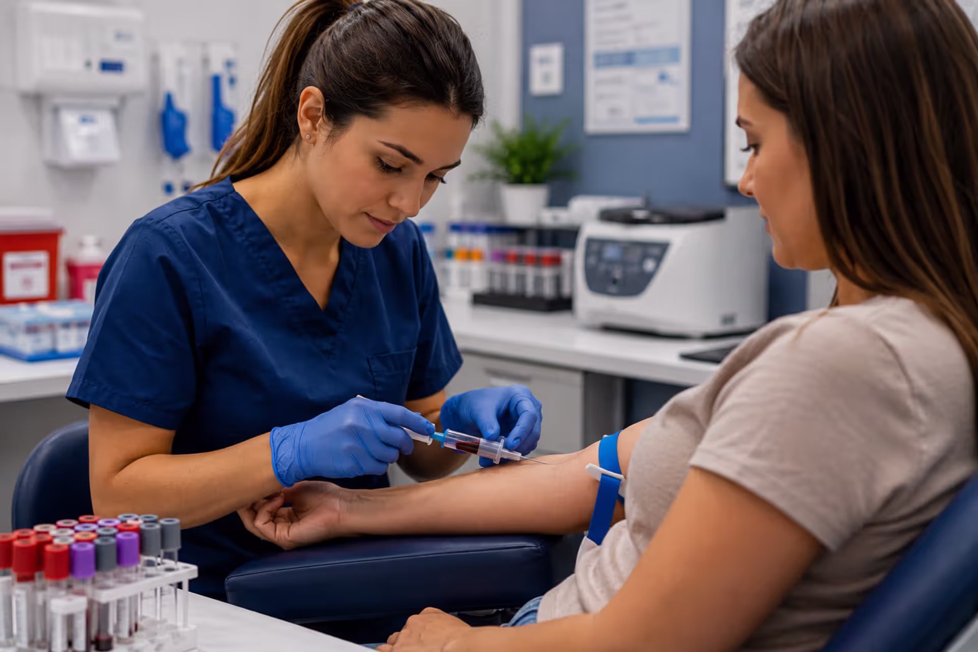 Phlebotomy Technician Performing a Professional Blood Draw in a Modern Clinical Laboratory Setting