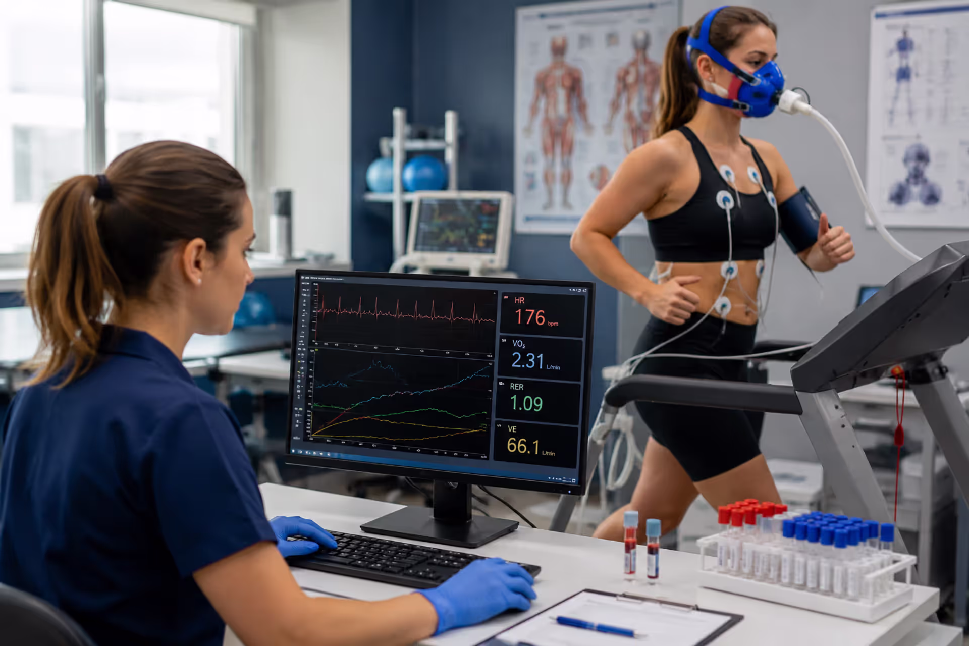 Exercise Physiologist Conducting Advanced Cardiovascular and Metabolic Performance Testing in a Modern Human Performance Laboratory