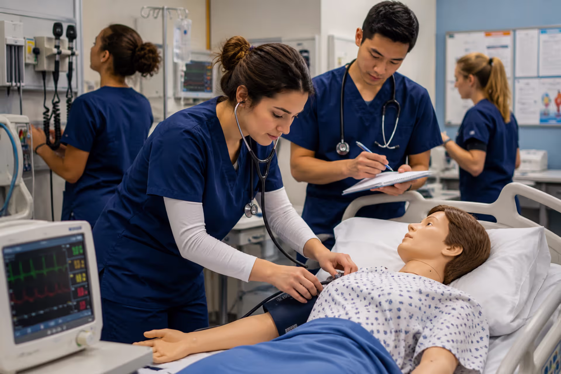Associate Degree Nursing Students Practicing Essential Clinical Skills in a Modern Healthcare Simulation Lab