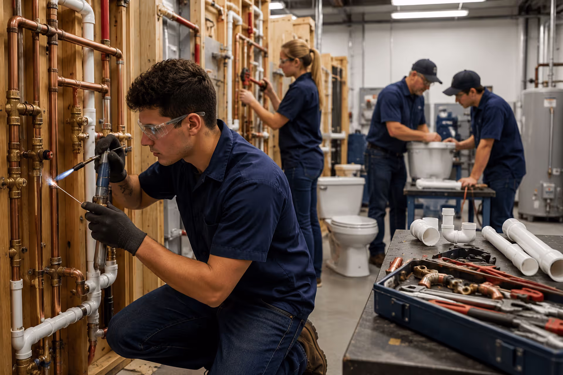 Plumbing Student Practicing Pipe Installation and Soldering Techniques in a Modern Hands-On Trade School Workshop