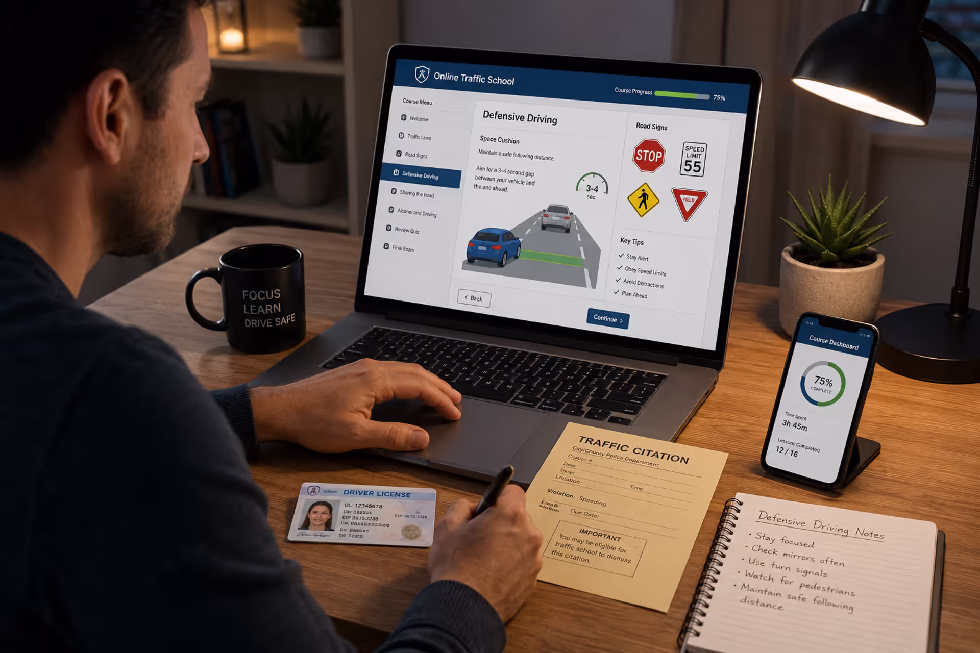 Driver completing an online traffic school course from home on a laptop