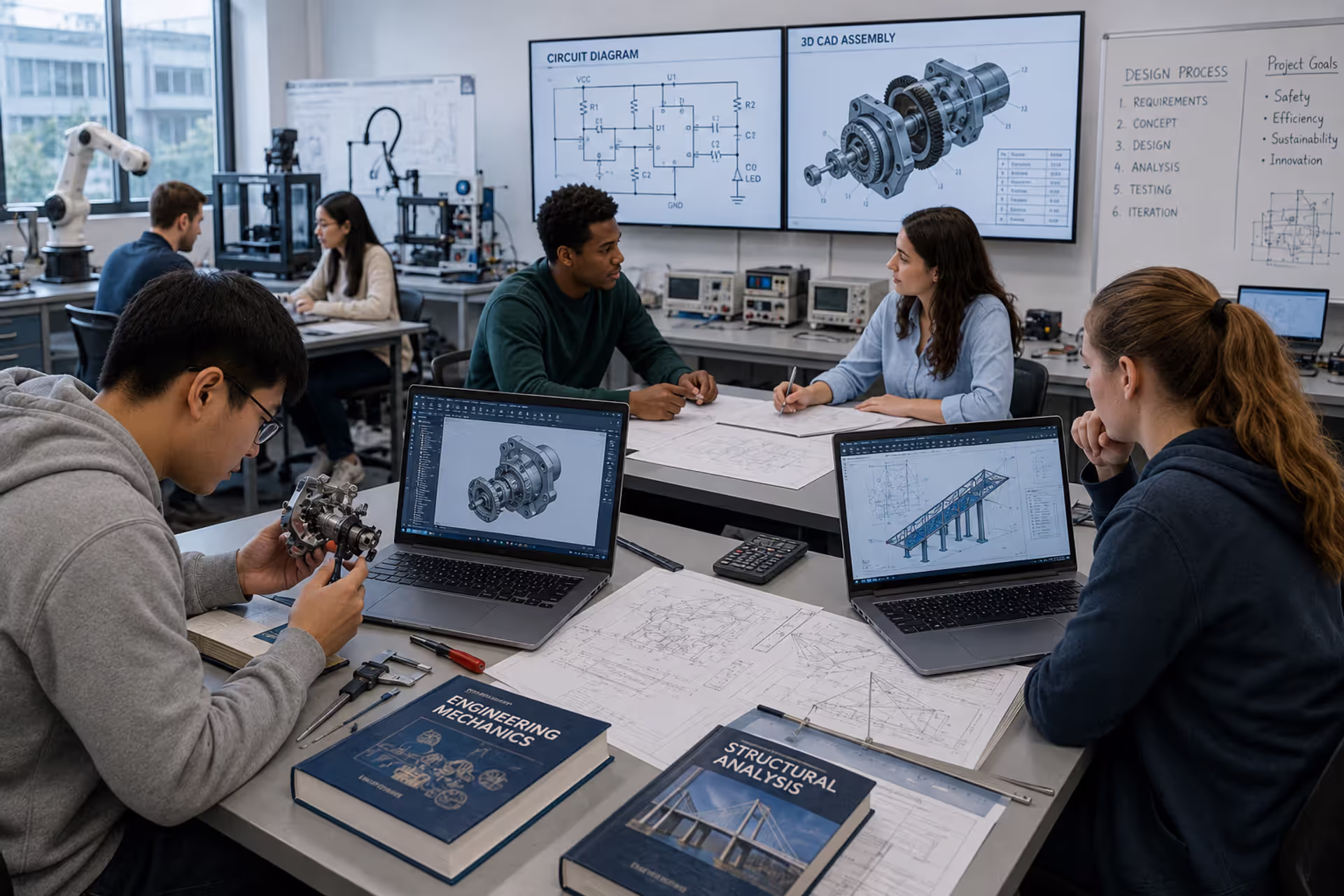 Engineering students collaborating on technical design projects in a modern engineering lab