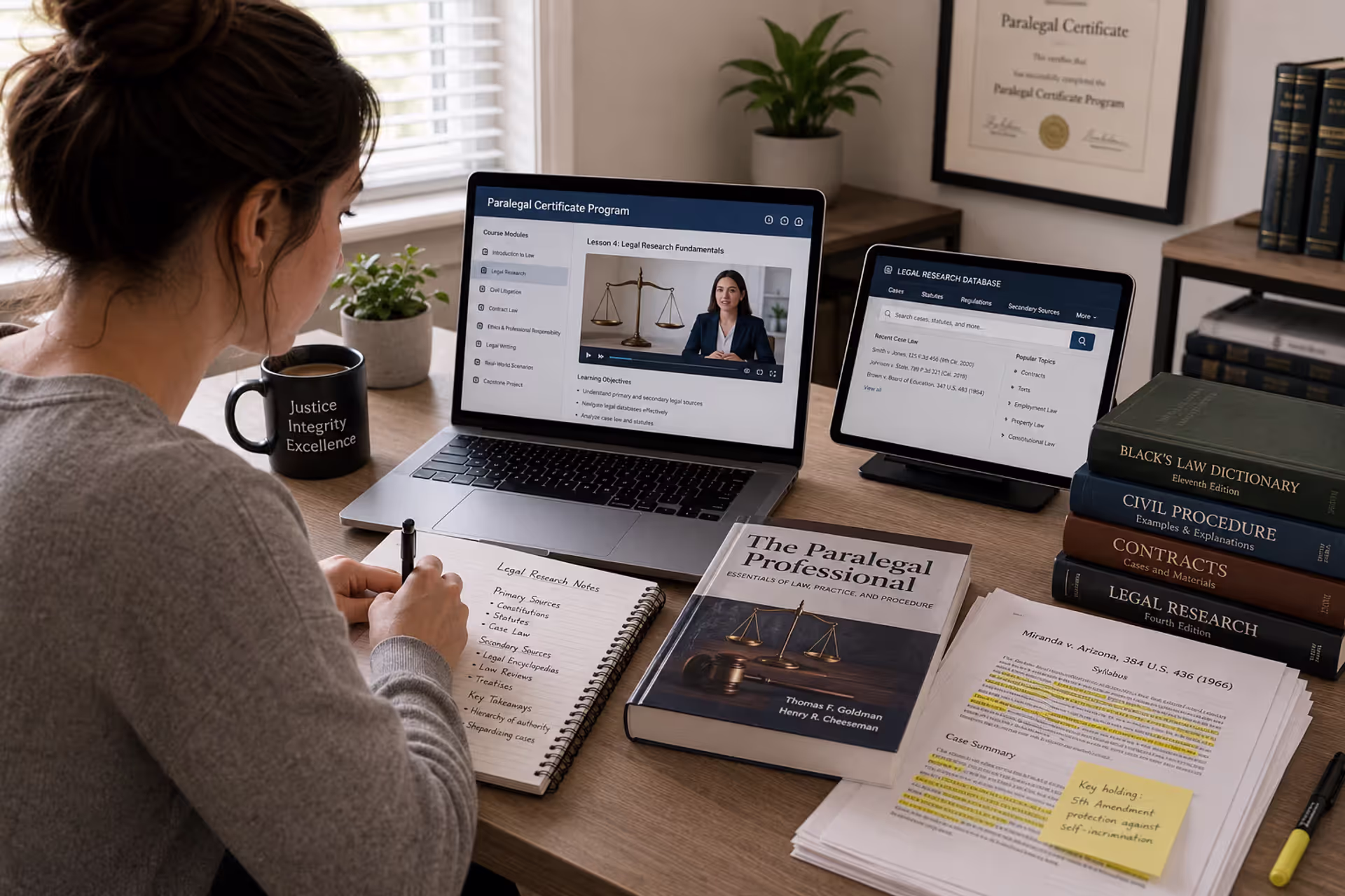 Student completing an online paralegal certificate program and legal research coursework from home
