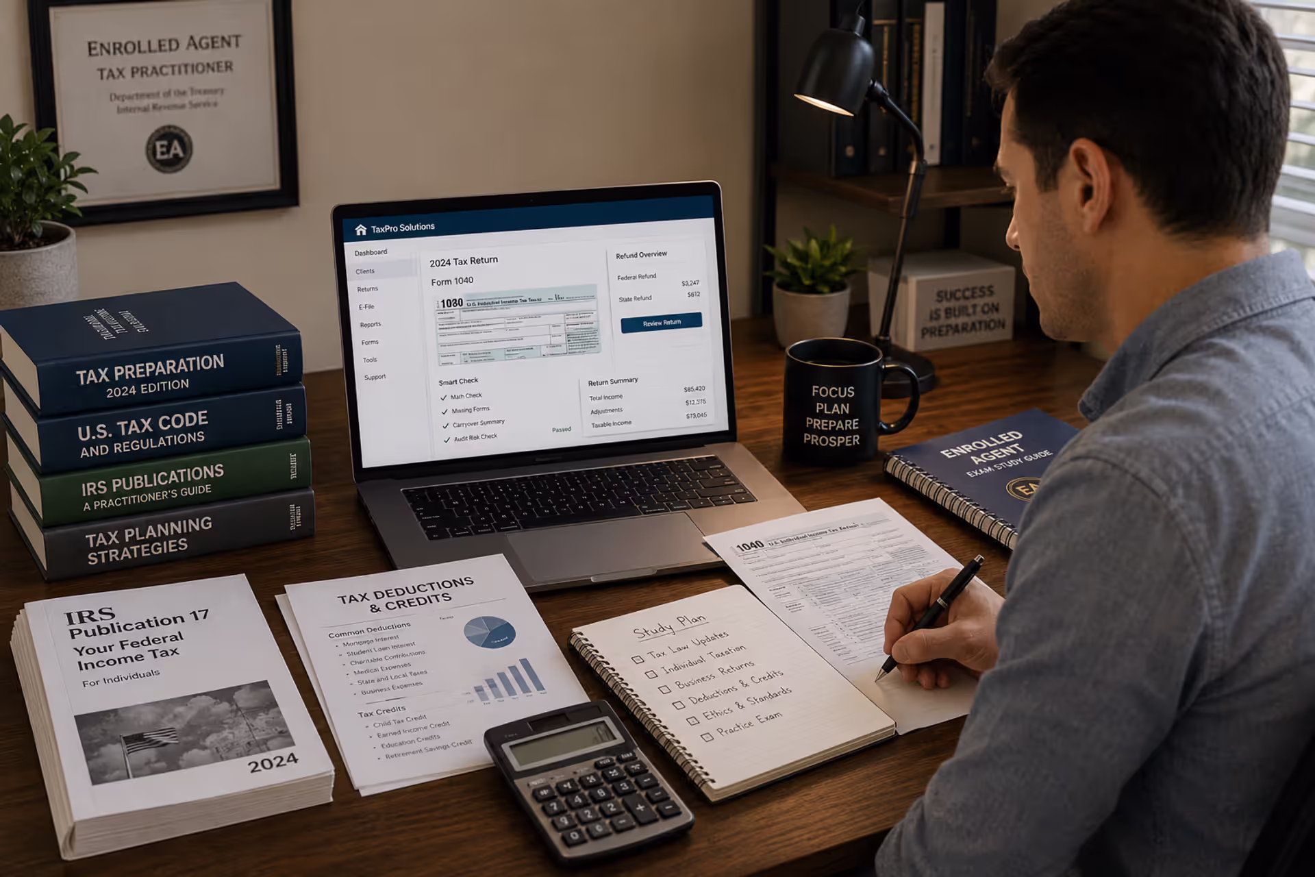 Tax preparation student studying IRS tax forms and accounting materials in a home office