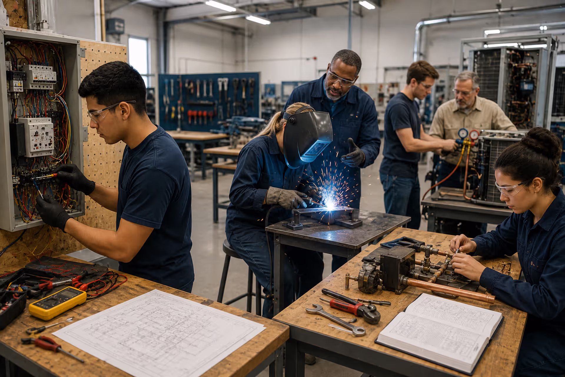 Trade school students receiving hands-on vocational training in a modern technical education workshop