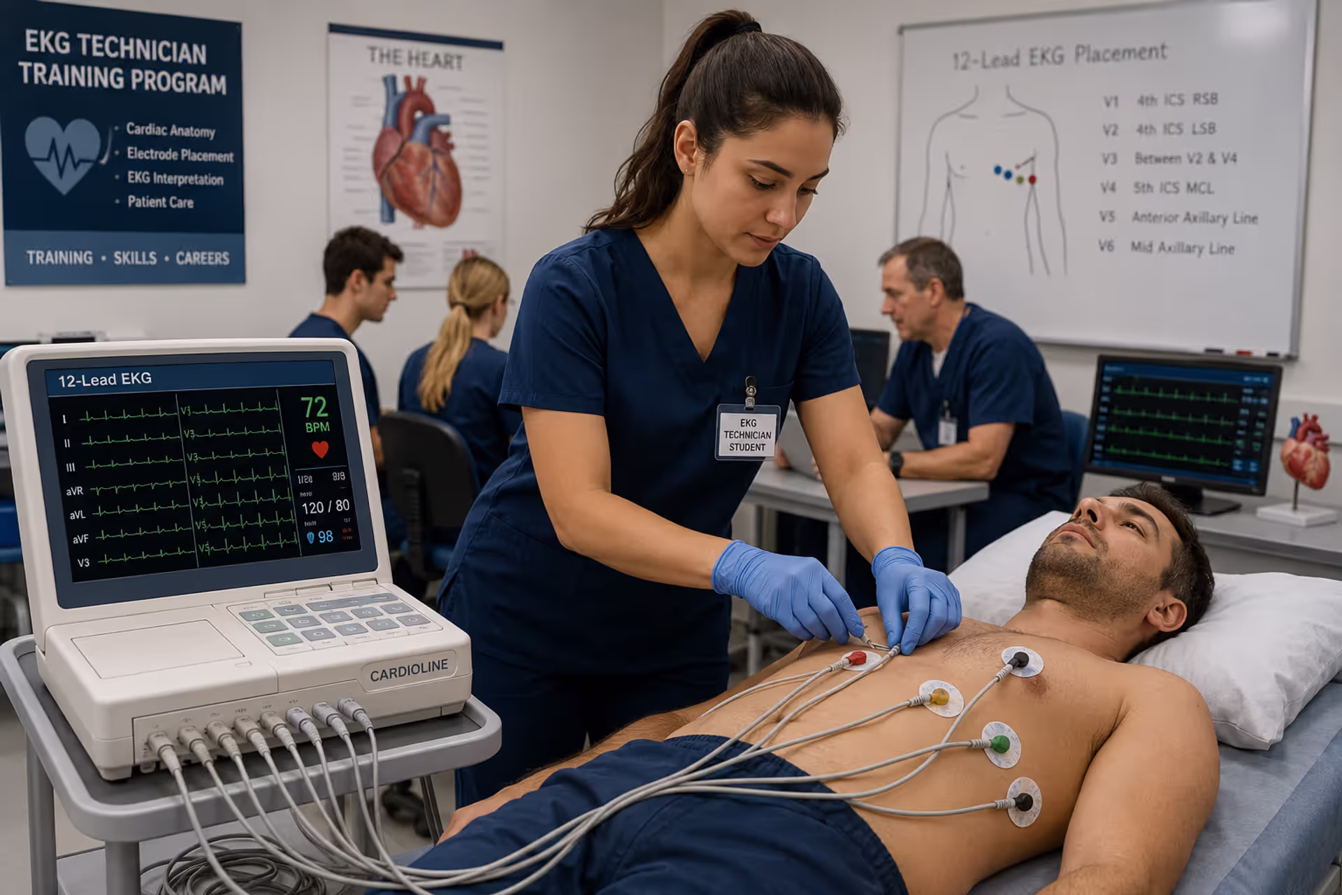EKG technician student performing a 12-lead electrocardiogram procedure during healthcare training