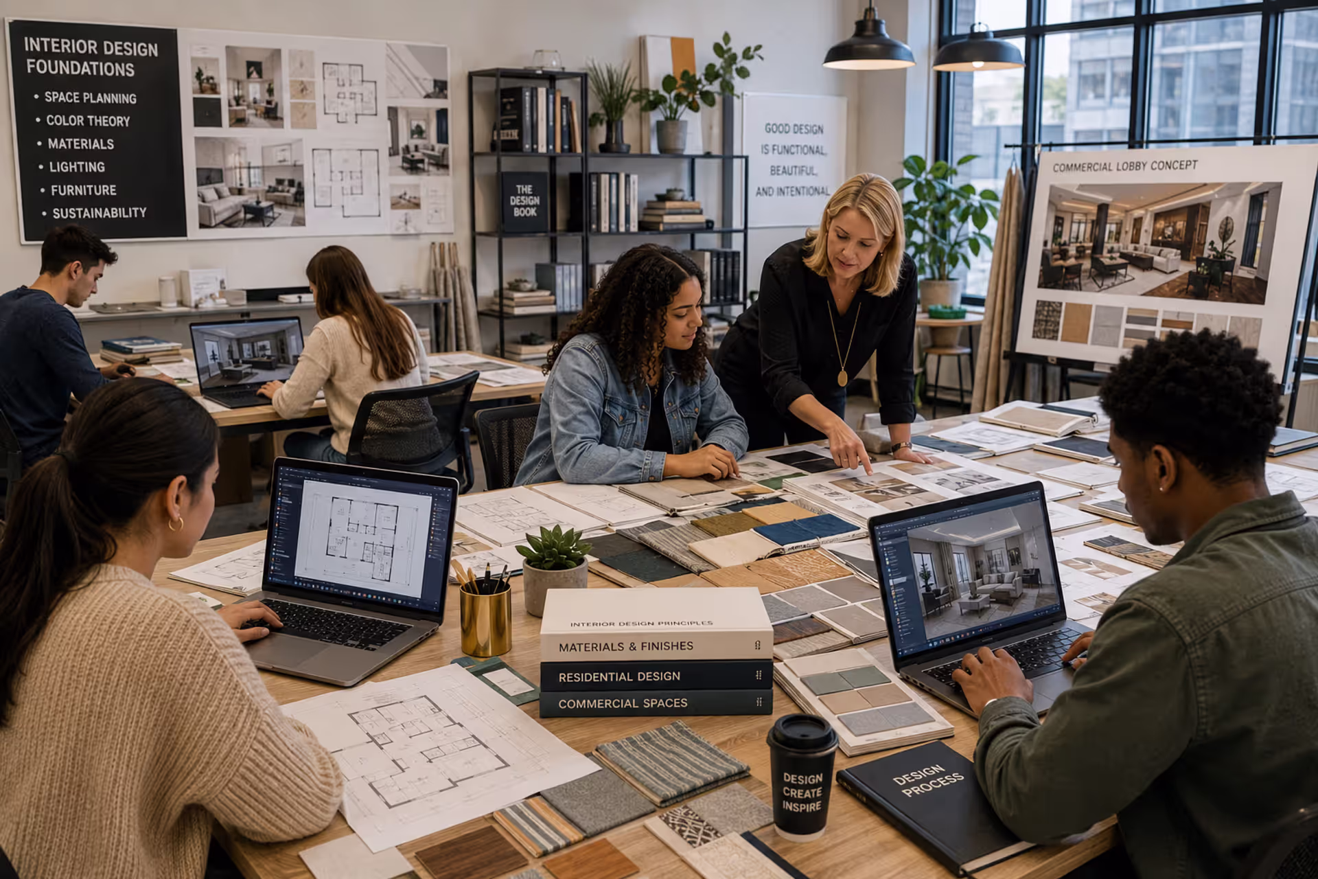 Interior design students developing space planning and interior concepts in a modern design studio
