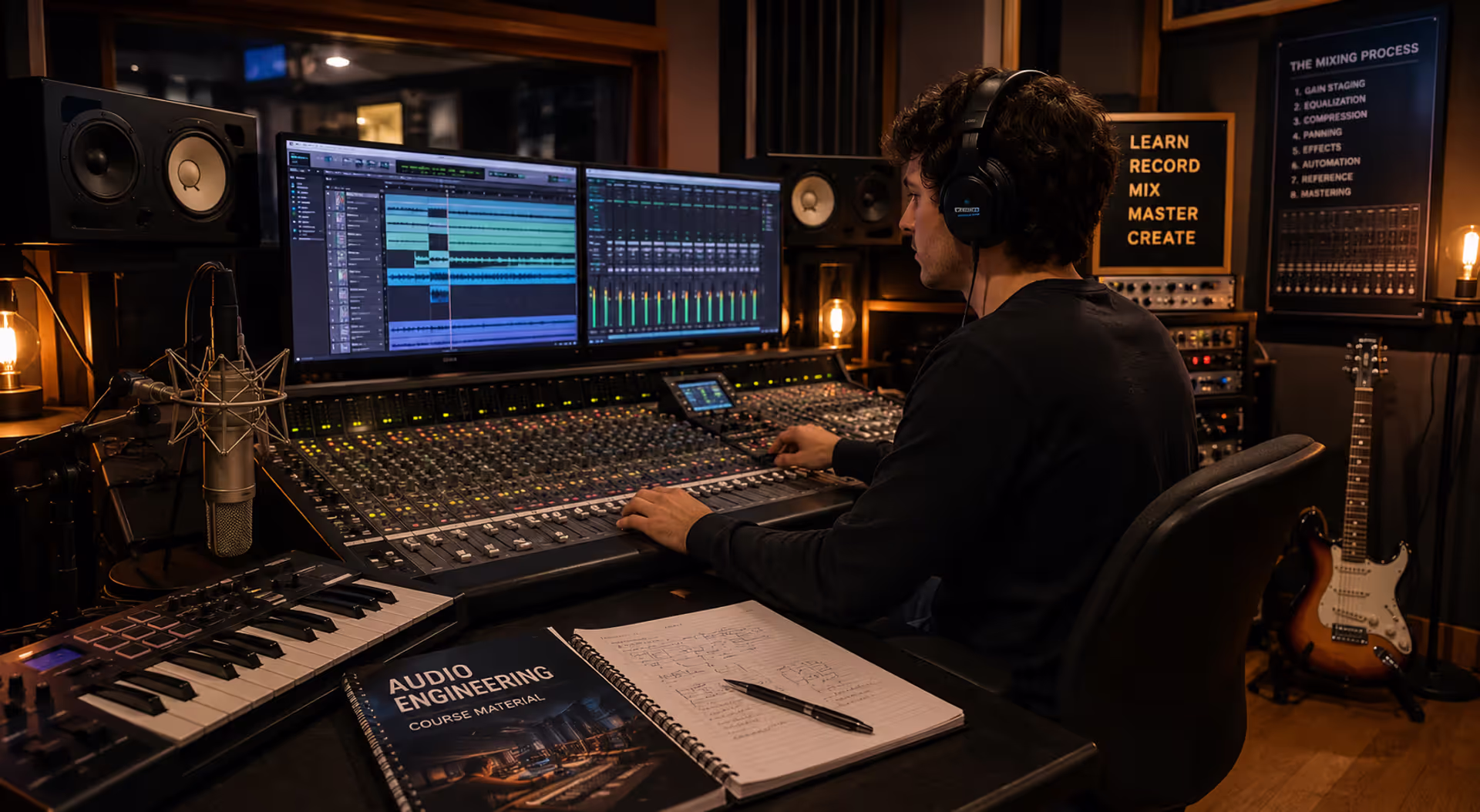 Sound engineering student working in a professional recording studio with mixing and audio production equipment