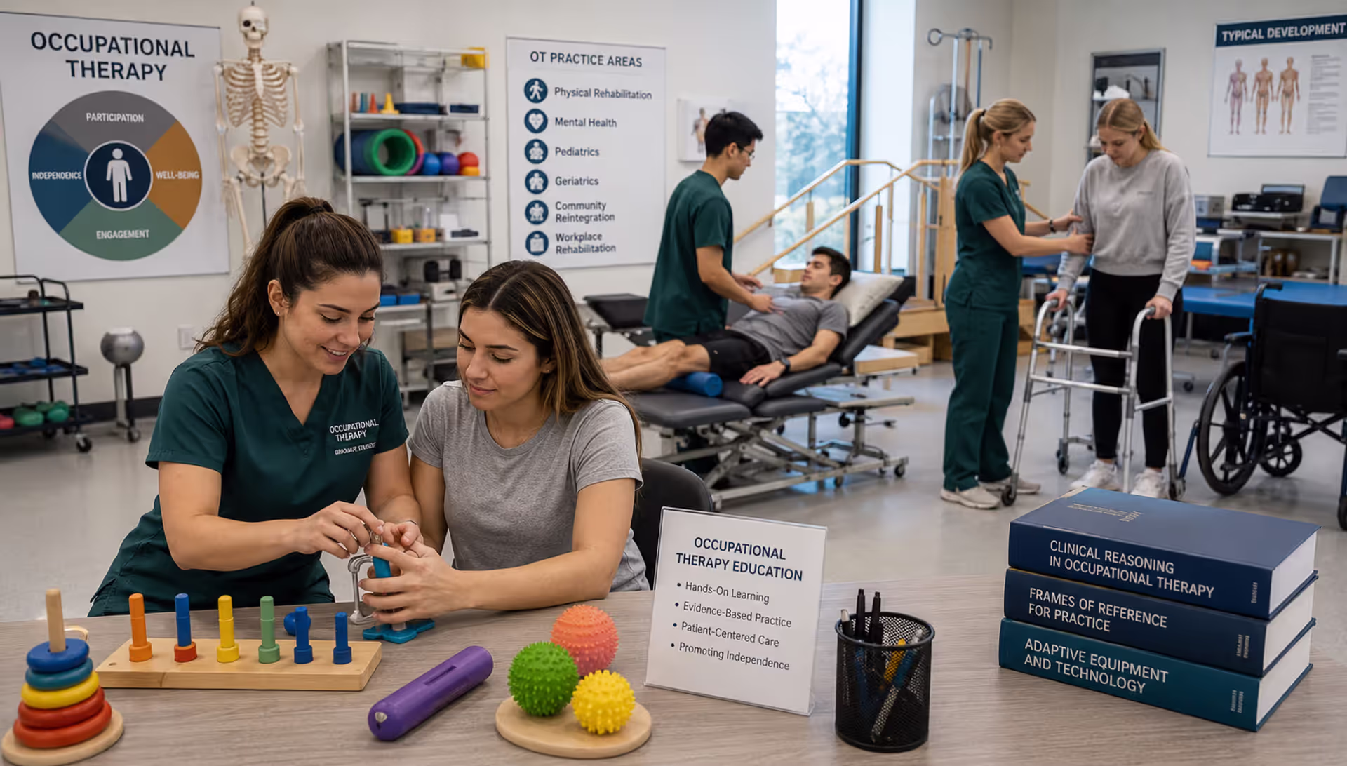 Occupational therapy students practicing rehabilitation and patient care techniques in a clinical training lab