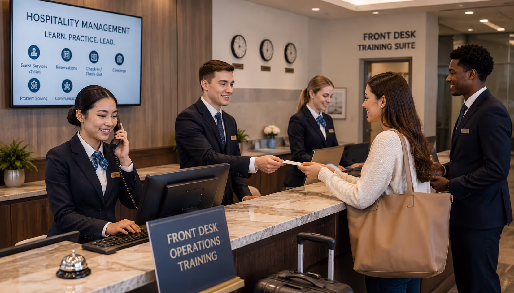 Hospitality students practicing front desk operations in training facility