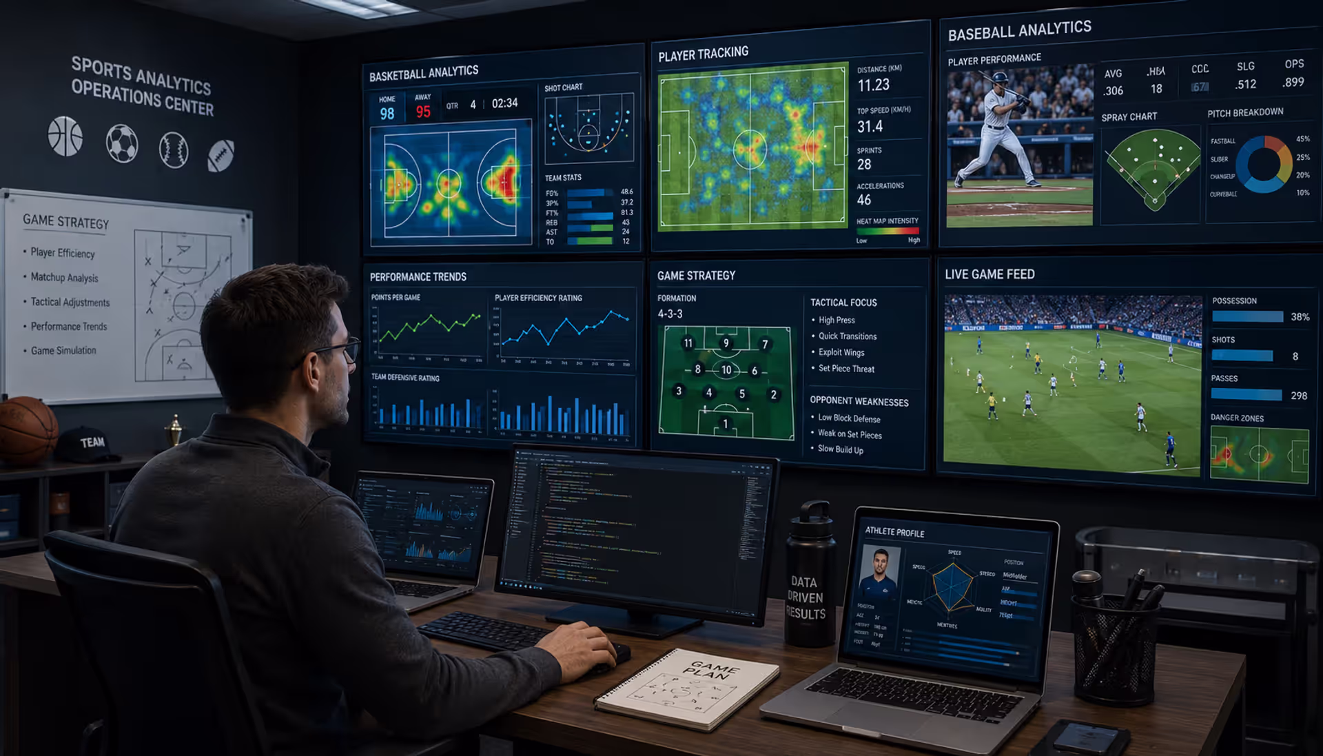 Sports data analyst reviewing player performance metrics and game analytics in a professional operations center
