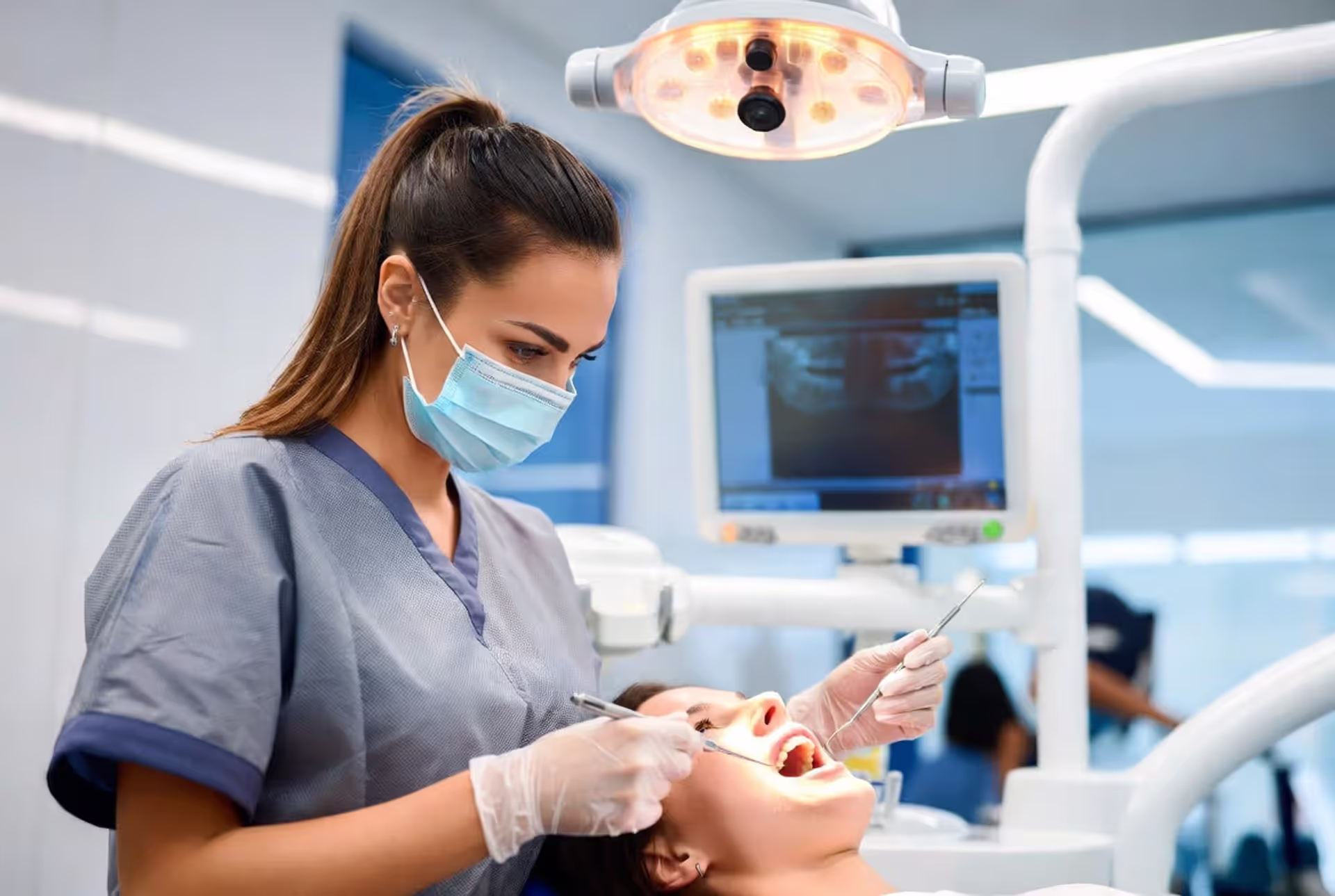 Dental Hygienist Conducting a Preventive Dental Cleaning and Oral Health Assessment in a Modern Clinic