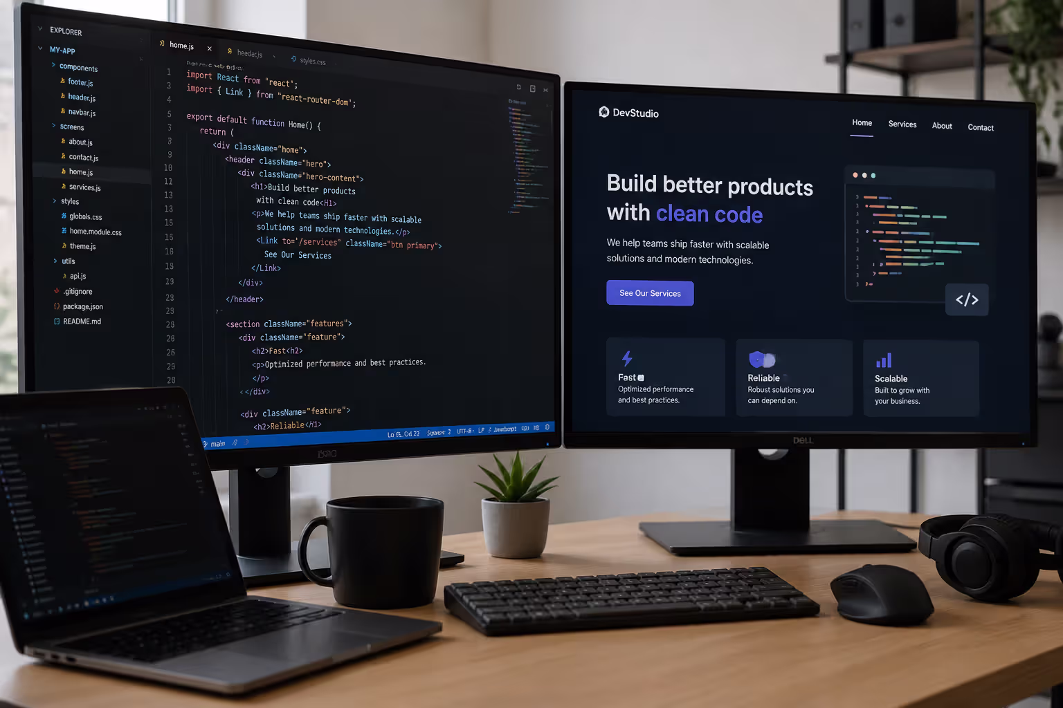 Developer workspace showing code and website preview side by side