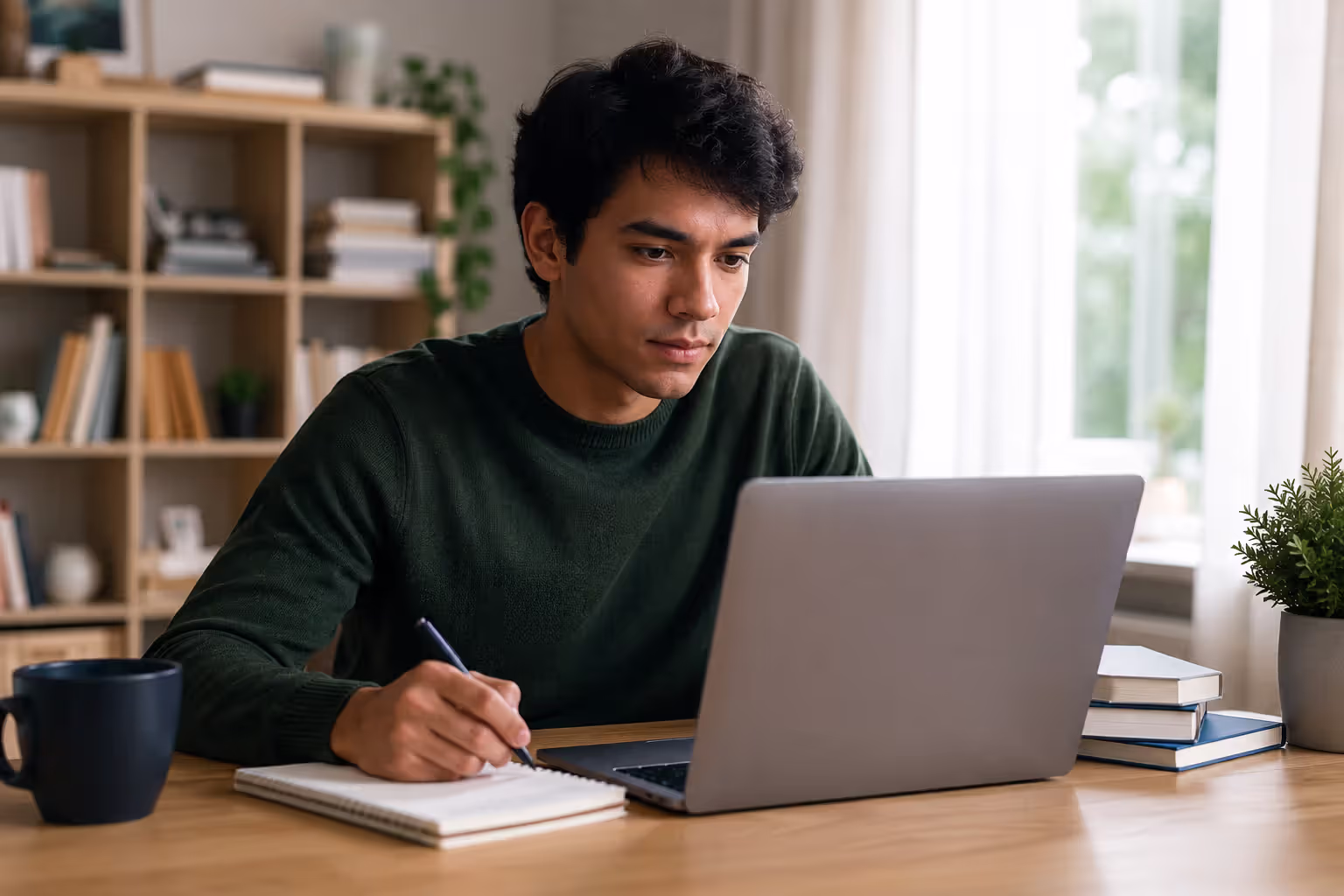 Adult student studying online from home laptop